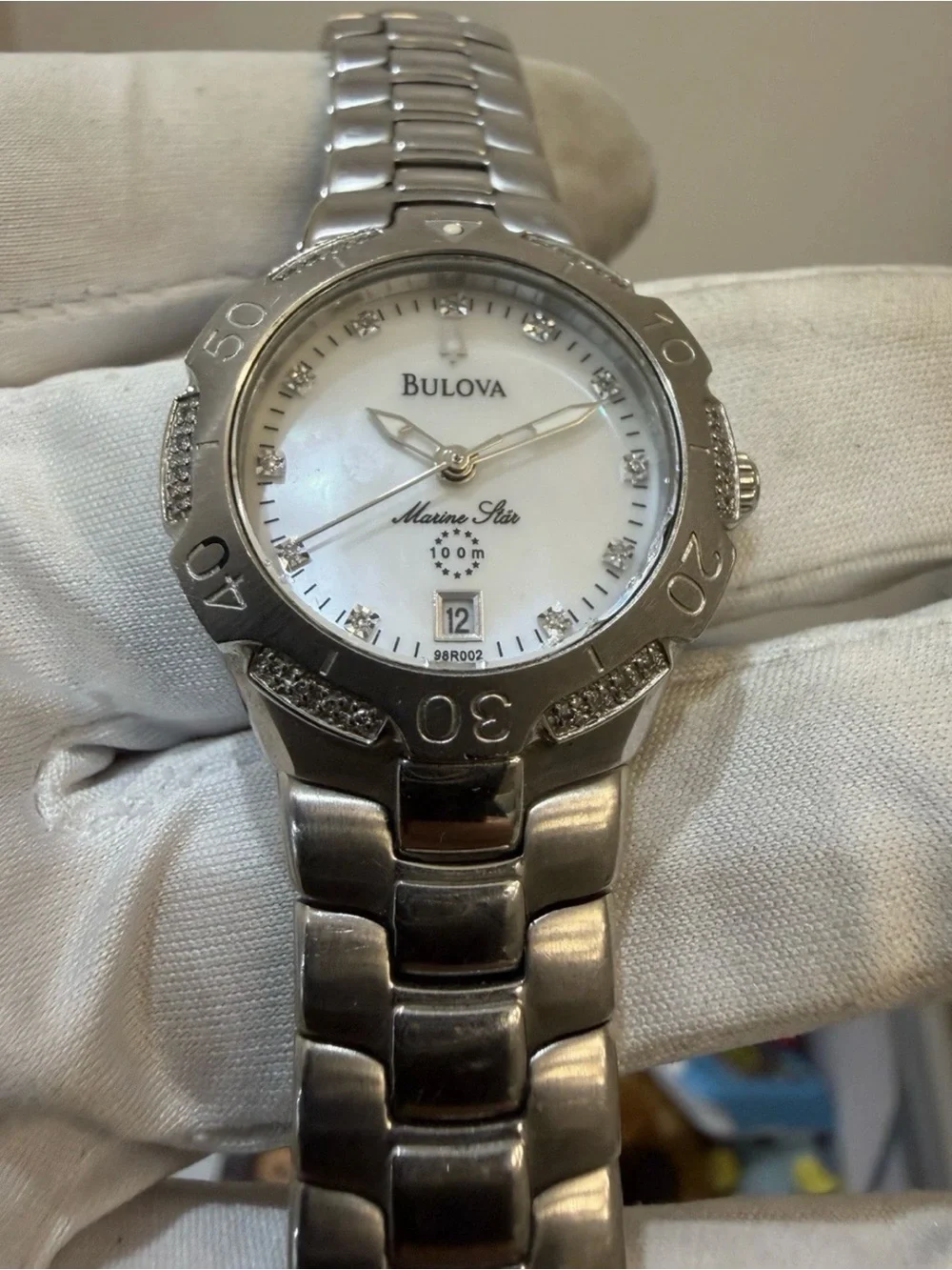 Bulova Marine Star 96R002 Womens Diamond Watch Mother of Pearl Stainless Steel